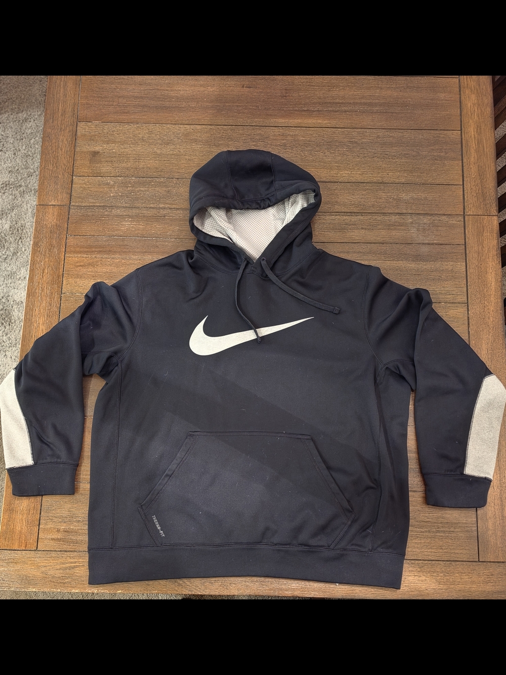Nike Men's Black Hoodie with White Swoosh and Gray Accents